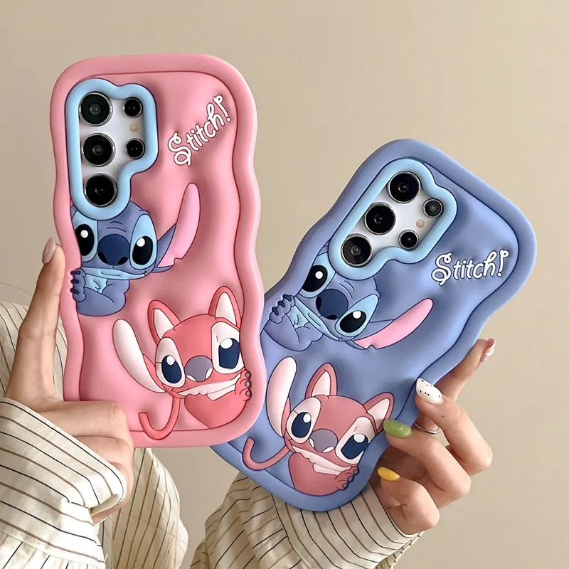 Cute Cartoon Wave Couple Stitch Case for Samsung A55 & S24, Compatible with Motorola Phones, Shockproof Soft TPU Bumper Cover iphone